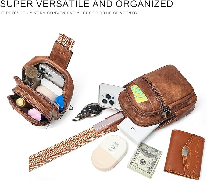 3L SMALL Sling Bag Fanny Packs For Women Men Mini Crossbody Chest Belt Travel Bag Purse Handbag Faux Leather Fashion Cute Brown