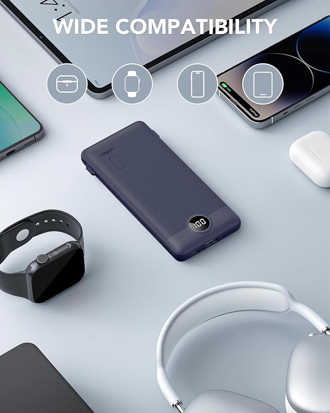 VRURC Portable Charger Built-in Cables and AC Wall Plug, USB C Power Bank 10000mAh, Travel Battery Portable Phone Charger Compact Lightweight External Battery Pack for Smart Phones, Tablets etc-Navy