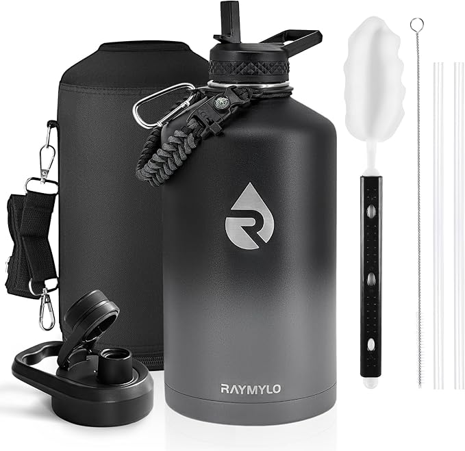 One Gallon Water Bottle Insulated, Triple Walled Vacuum Stainless Steel (Cold for 48 Hrs), Leak Proof & Non-BPA, Large Water Flask Jug with Paracord Handle & Straw Spout Lids