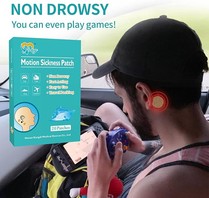 20ct Motion Sickness Patches Non Drowsy – Sea Sickness Patches for Cruise, Car, Airplane, and Other Travel – Waterproof Patch Hidden Behind Ear – Effect Lasts 72 Hours