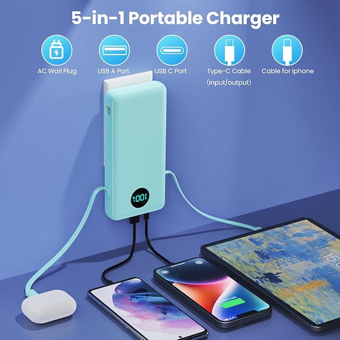 Portable Charger 33800mAh USB C Power Bank with Built-in Cables & AC Wall Plug,25W Fast Charging+QC 4.0 Phone Charger,4 Output LCD Display Battery Pack Compatible with iPhone16/15,Samsung,Android etc