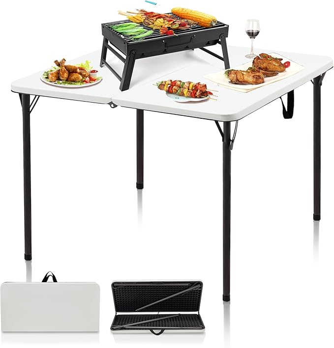 34" Camping Table, Portable Square Camping Card Table with Collapsible Legs & Carrying Handle, Plastic Tables for Outdoor Cooking,Camping,Picnic, Office, Party, White