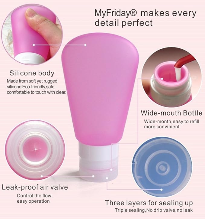 3 Pack Portable Food Grade Squeeze Silicone Liquid Travel Bottles For Shampoo, Conditioner, Lotion, Toiletries (3 OZ Pink + White + Blue)