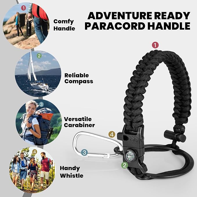 Insulated Water Bottle 32 oz, Triple Wall Vacuum Stainless Steel (Cold for 48 Hrs), Leak Proof & Non-BPA, Modern Water Flask Jug with Paracord Handle & Straw Spout Lids, Magic Black