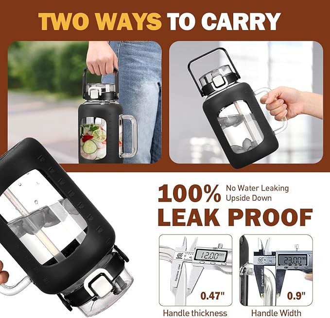 BLUEGO Water Bottle 64 oz Tumbler with Lid and Straw, Glass Water Bottle with Straw, Water Tumbler with Handle Half Gallon Water Jug Large Waterbottle for Daily Water Intake, BPA Free, Black