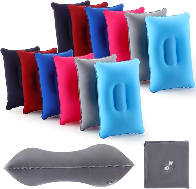Geelin 12 Pack Inflatable Travel Pillow Squared Flocked Fabric Air Pillow Ultralight, Compact and Comfortable for Traveling, Camping, Hiking, Napping, Desk Rest, Neck Lumbar Support(13.39" × 8.66")