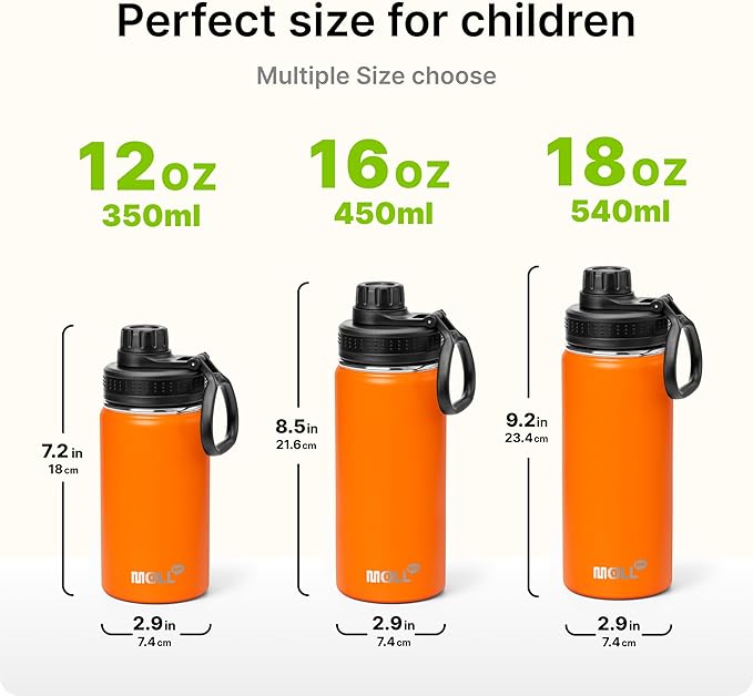 Kids Water Bottle-12 oz Stainless Steel Vacuum Insulated Sports Water Bottle for School, Reusable Metal Travel Water Flask with Silicone Boot (Orange)