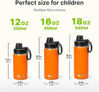 Kids Water Bottle-12 oz Stainless Steel Vacuum Insulated Sports Water Bottle for School, Reusable Metal Travel Water Flask with Silicone Boot (Orange)