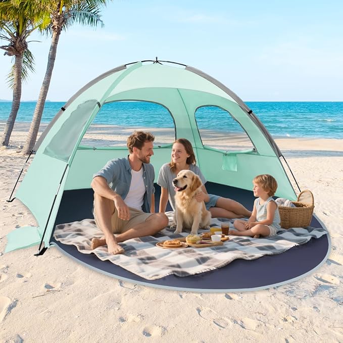 NXONE Beach Tent Sun Shade Shelter for 3/4/6 Person Person with UV Protection, Extended Floor, 3 Mesh Roll Up Windows & 8.0/8.5mm Fiberglass Rods丨Carry Bag Included