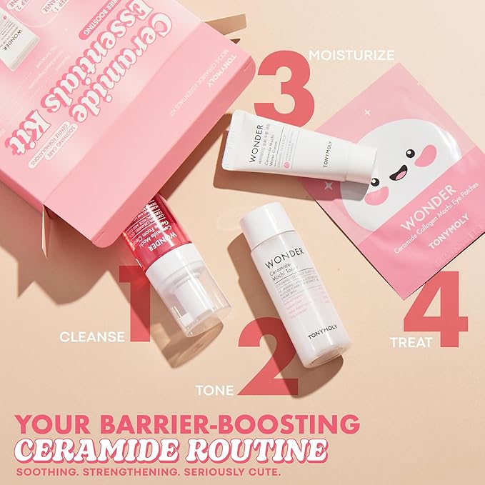 TONYMOLY Wonder Ceramide Mochi Essentials 4-Piece Skincare Set – Hydrating Korean Skincare Travel Kit with Ceramides, Hyaluronic Acid & Cica – Barrier Repair Routine for Dry & Sensitive Skin