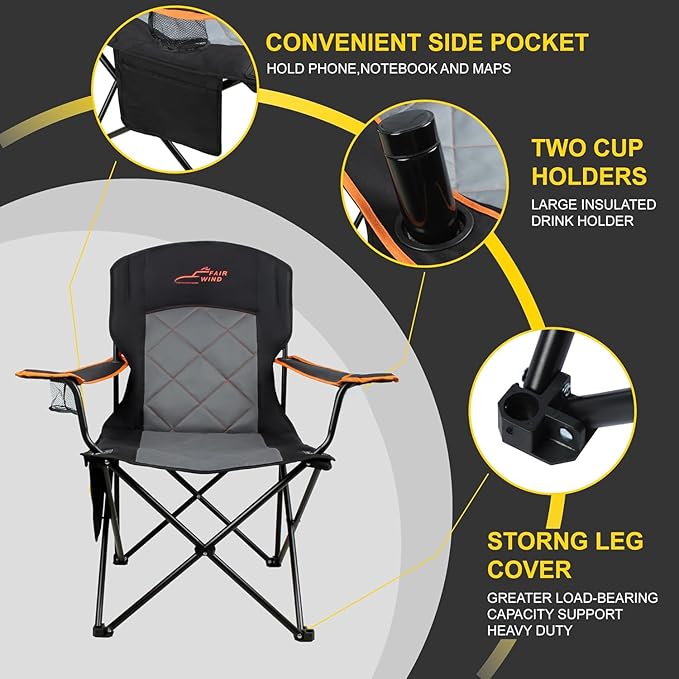 FAIR WIND 2 Pack Oversized Fully Padded Camping Chair Heavy Duty Quad Fold Arm Chair Support 350 LBS with Cup Holder, Collapsible Lumbar Back Chair Portable for Outdoor, Black