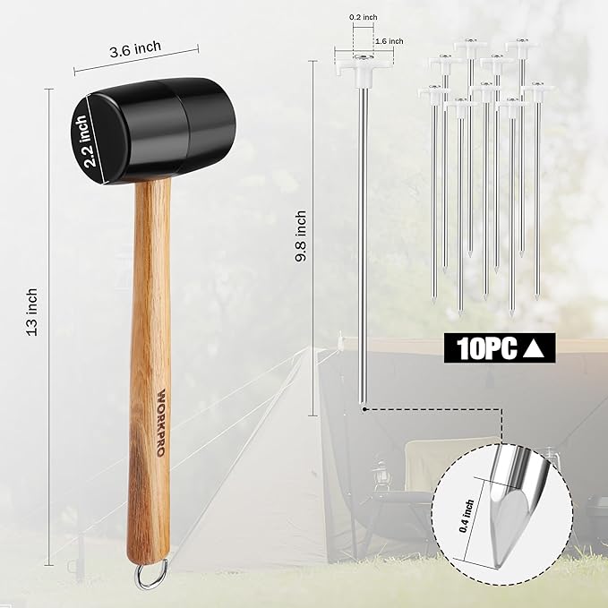 WORKPRO Tent Stakes and Hammer Set, 16oz Rubber Mallet Hammer, Wooden Handle, 10PC Heavy Duty Metal Tent Stakes and Storage Bag, DIY Woodworking, Camping Accessories for Ground, Camp and Garden