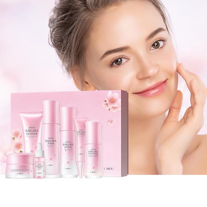 LAIKOU JAPAN SAKURA Skin Care, Skin Care Set with Cleanser, Toner, Lotion, Eye Cream, Makeup Primer, Essence Cream and Serum for Women Mother's Day Valentine's Day Christmas Birthday Beginner Kit 7pcs