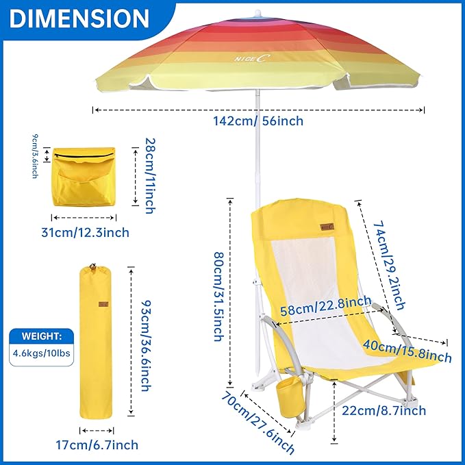 Nice C Beach Chair, Beach Chairs for Adults with Umbrella and Cooler, High Back, Cup Holder & Carry Bag & Heavy Duty Compact Outdoor, Camping (Set of Yellow)