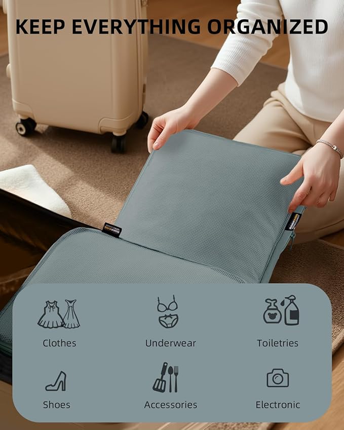 6 Set Compression Packing Cubes, Suitcase Storage Bags for Clothes and Travel Essentials (Steel Blue)