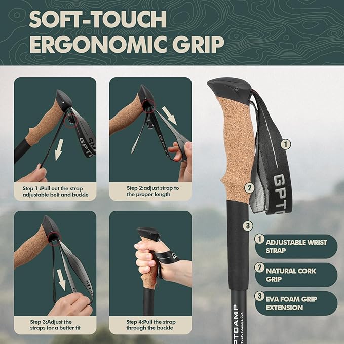 GPTCAMP Walking Sticks,Trekking Poles Collapsible Hiking Poles,Lightweight Folding Travel Walking Pole for Men Women,2pc Adjustable Hiking Stick with EVA Foam Grips for Backpacking