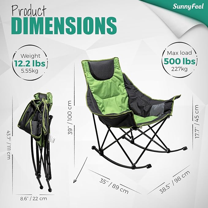 SUNNYFEEL Oversized Rocking Camping Chair, Fully Padded Patio Chair with Side Pocket, High Back Portable Lawn Recliner with Headrest, Outdoor Camp Rocker Chairs for Adults Heavy Duty 300 LBS