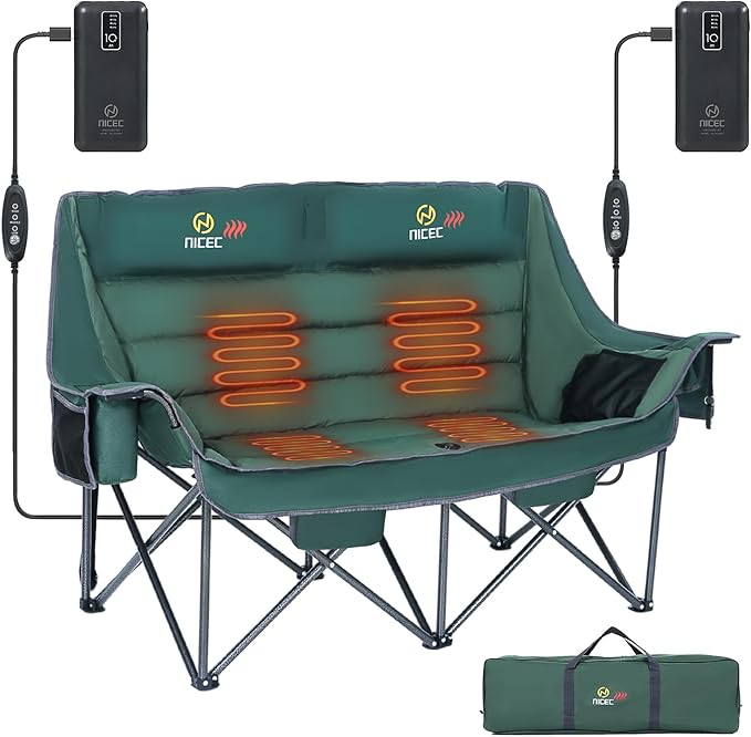 Nice C Heated Camping Chair with Battery, Heated Double Camping Couch, Oversized Thick Padded Loveseat, Heated Camping Chair for Adults, with Cooler Bag, Bottle Opener, Power Bank (Green)