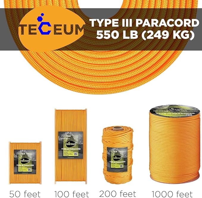 TECEUM 5/32" Paracord Rope 1000 – 1000ft / 200ft / 100ft / 50ft – Tactical Parachute Cord 4mm – 45+ Colors – Nylon String for Survival & Camping Gear – Stripe Cord for Survival – Utility Rope