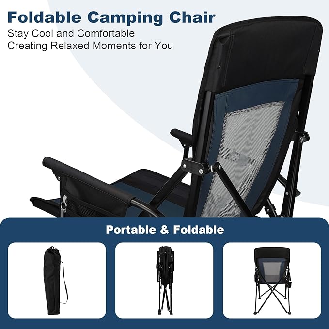 Camping Chair Portable Folding Lawn Chair Comfortable Hard Arm Sturdy for Family Camp, Outdoor, Sports, Beach, Travel, Support 400 lbs, Black&Blue