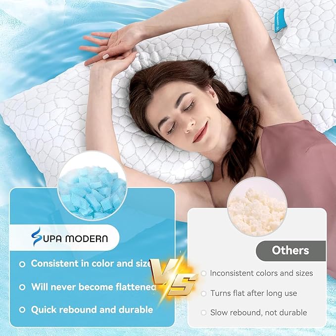 Cooling Bed Pillows for Sleeping 2 Pack Shredded Memory Foam Pillows Standard Size Set of 2, Adjustable Cool Pillow for Side Back Stomach Sleepers Luxury Gel Pillows with Washable Removable Cover