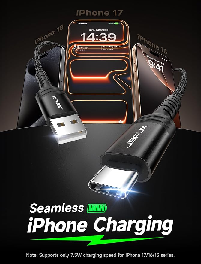 JSAUX USB C Cable 3.1A Fast Charging, 3-Pack (10ft+6.6ft+3.3ft) USB A to Type C Charge Cord Compatible with iPhone 17/17 Pro/17 Pro Max, iPhone 16/16 Pro Max, Samsung S22 S20, USB C Charger(Grey)