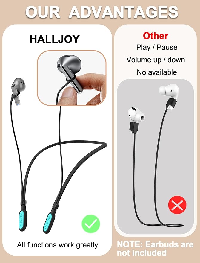 HALLJOY for Galaxy Buds 4/4 Pro/Buds 3/3 Pro Strap Neckband, Anti-Lost Accessories, Support Volume Control, Ergonomic Design, Fit Airpods Pro 3/2/1, Airpods 4, 3, 2, 1, Black Band/LightBlue Tip
