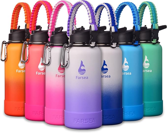Farsea Insulated Water Bottle With Paracord Handle, Protective Silicone Boot and 2 Lids (Straw Lid & Spout Lid), Stainless Steel Water Bottle Wide Mouth, Double Wall Sweat-Proof BPA-Free, 32 oz
