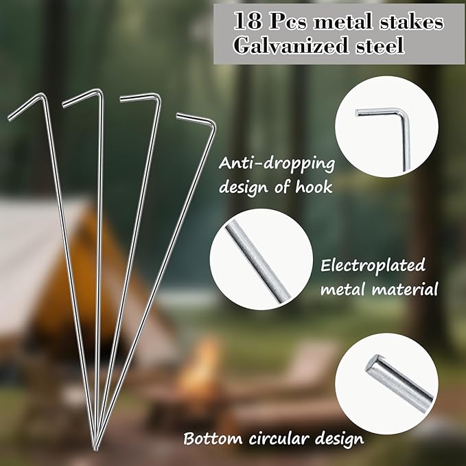 18 Pack 6.5 Inch Metal Tent Stakes Heavy Duty Ground Pegs for Camping, Canopy, Christmas Decor & Gardening, Non-Rust Outdoor Tent Accessories Camping Essentials