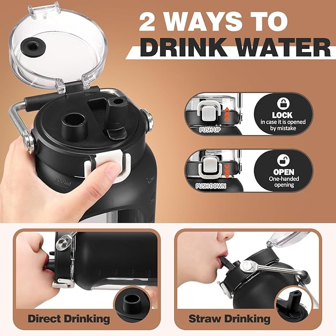 BLUEGO 64oz Water Bottle Glass with Stainless Steel Handle Large Water Bottle with Time Markers and Silicone Sleeve Half Gallon Water Jug BPA Free for Gym Daily Use, Black