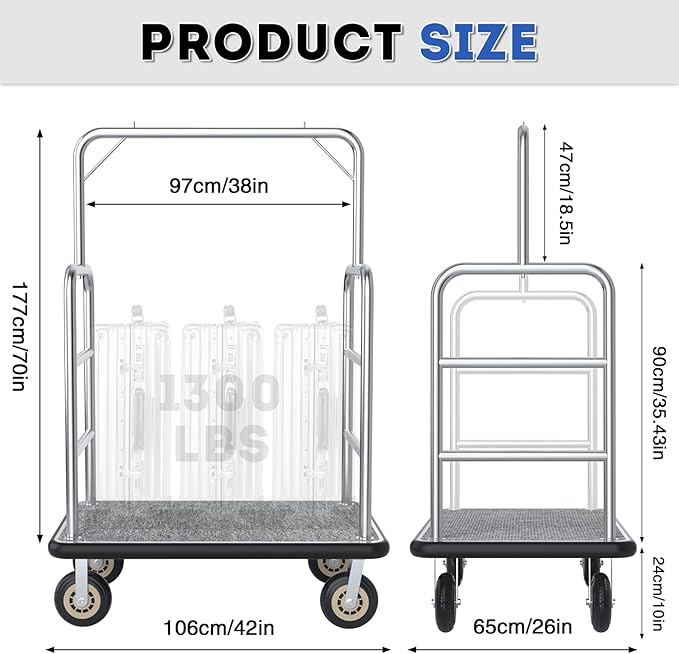 Heavy Duty Luggage Cart - 8" Wheels with Brackets Commercial Grade Hotel Luggage Trolley Deluxe Rectangular Steel Bellman Cart with Platform