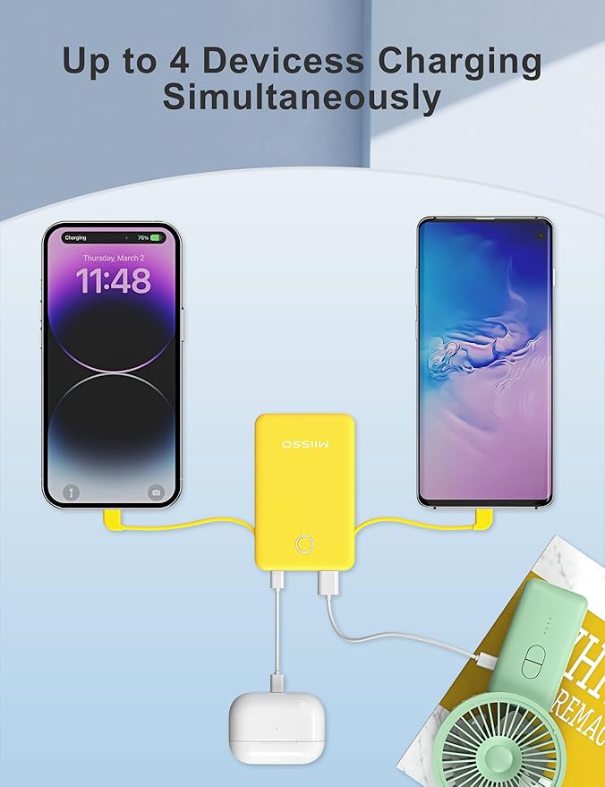 6000mah Ultra Slim Built in Cables Power Bank, Card Size Built in USB C Cords Battery Pack Portable Charger for Phones, 3 Output External Battery Pack Compatible with iPhone, Samsung, Google, Yellow