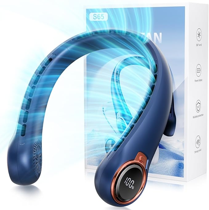 Portable Neck Fan with 6000mAh USB - Rechargeable Battery, 360° Cooling Wearable Fan, 3 Speeds, Ultra-Light Bladeless Neck Fan LED Display (Blue)