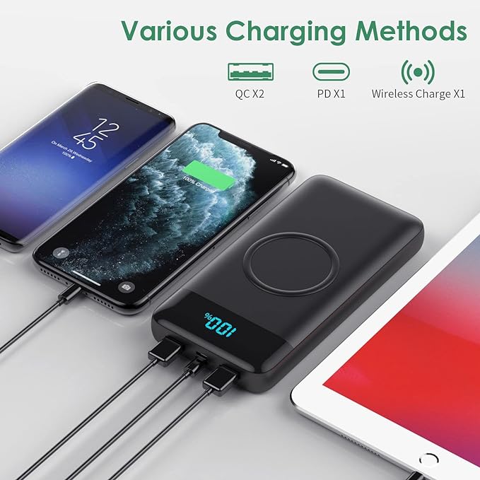 Wireless Portable Charger 30,800mAh 15W Wireless Charging 25W PD QC4.0 Fast Charging Smart LCD Display USB-C Power Bank, 4 Output External Battery Pack Compatible with iPhone 16/15/14/13, Samsung etc