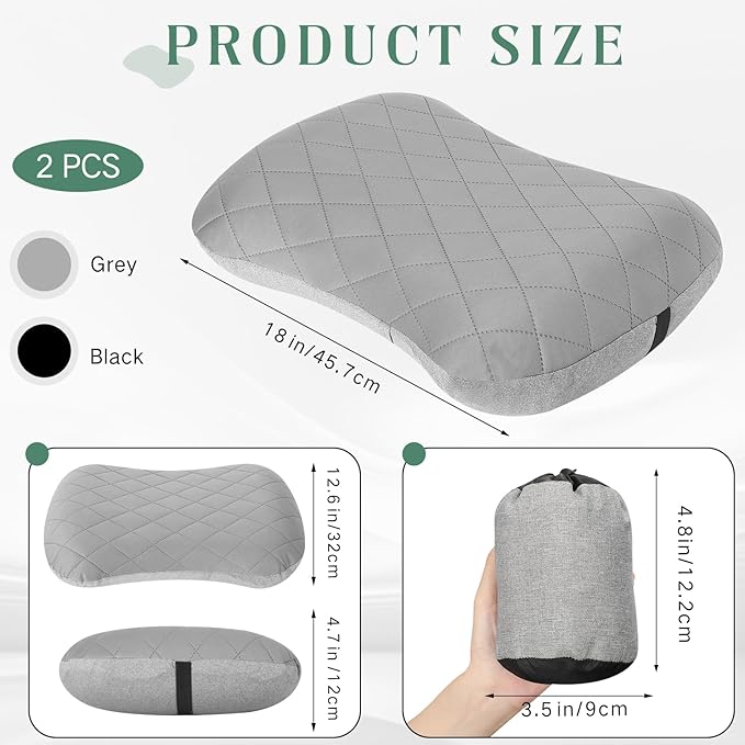 2 Pack Inflatable Travel Camping Pillow with Removable Cover Backpacking Blow up Neck Air Pillow Compressible for Lumbar Support Travel Hiking(Black,Grey)