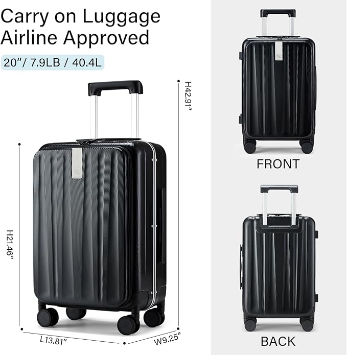 Hanke 20 Inch Carry On Luggage Hard Shell Suitcases with Wheels Luggage Suitcase Travel Luggage for Women Men Rolling Luggage Bags for Business Trip Weekender-Black