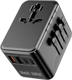 Universal Travel Adapter - 6 in 1 International Plug Adapter with Fuse Auto-Resetting, USB-C PD Fast Charging Worldwide Power Outlet for USA to European UK AUS India, Type C/G/D/I/A, Black
