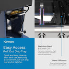 Kenmore 3-Burner Propane BBQ Grill, 30,000 BTUs Gas Grill with Cast Iron Cooking Grates, Folding Side Tables & Wheels, Outdoor Grill with Tool Hooks, Azure Blue + Bonus Cover