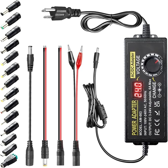 3V~24V 6A 144W Adjustable Power Supply 3V 5V 6V 9V 10V 12V 15V 18V 20V 24V Universal Variable Switching Power AC/DC Adapter,100V-240V AC to DC Converter with 14 Tips & Polarity Converter & 3Test Leads