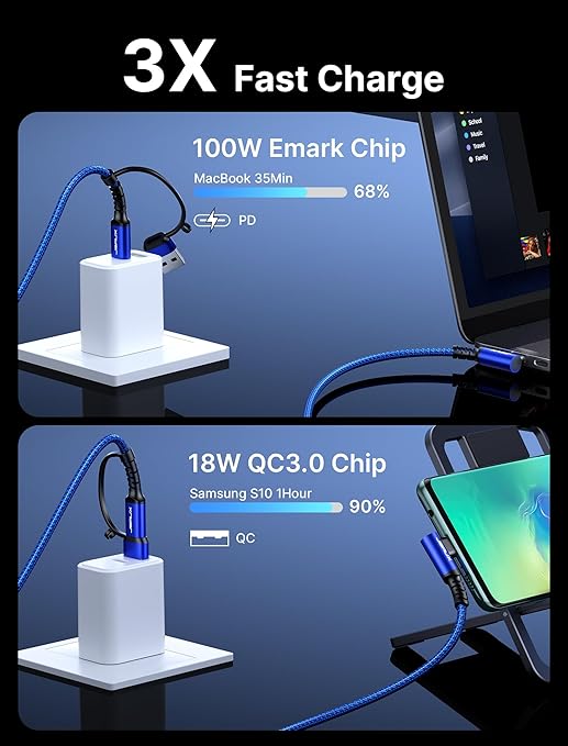 JSAUX 100W USB C Cable [2-Pack 10FT], Right Angle Fast Charging Cord with USB A to C Adapter for iPhone Air/iPhone 17/ iPhone 17 Pro/iPhone 17 Pro Max, iPhone 16/15, Samsung, MacBook, iPad - Blue