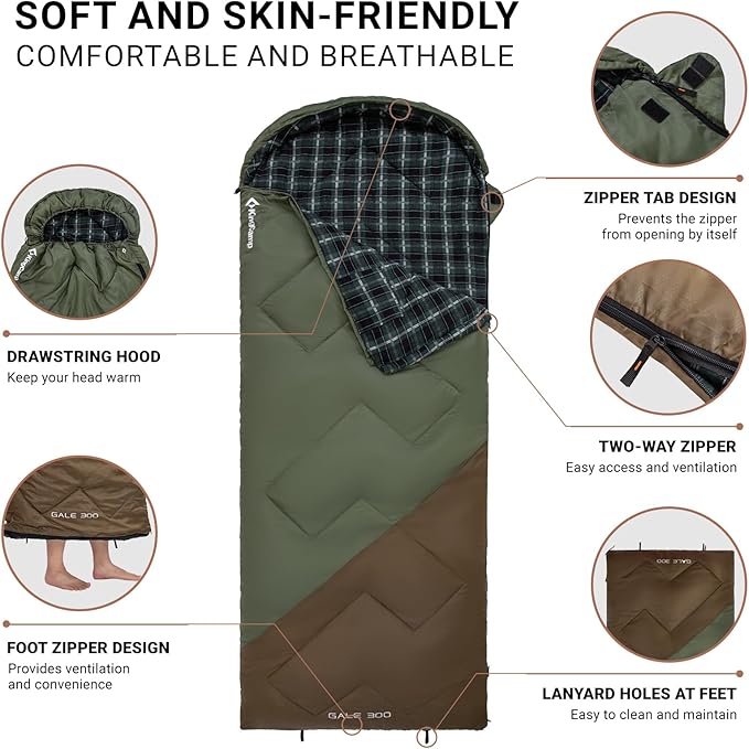 KingCamp Sleeping Bag for Adults, Cold Weather & Warm XL Big and Tall Flannel Sleeping Bags with Compression Sack Portable Waterproof Essentials Gear Accessories for Outdoor Camping