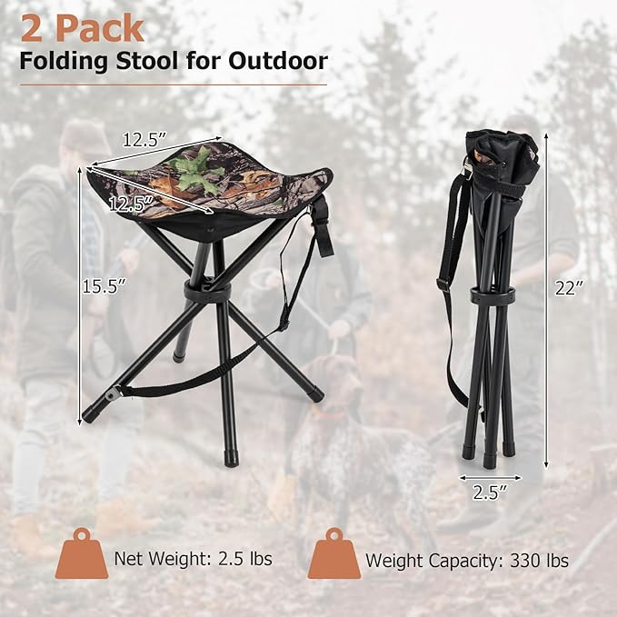 GYMAX 2 Pack Folding Stool, Portable Tripod Lightweight Hunting Stool with Shoulder Strap, Outdoor Hunting Chair Blind Chair for Fishing Camping, Hiking, Backpacking, Camouflage