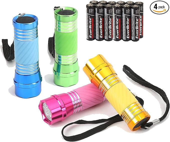 EverBrite 4-Pack Mini LED Aluminum Flashlight Party Favors Colors Assorted for Hurricane Supplies with Handle Glow in Dark