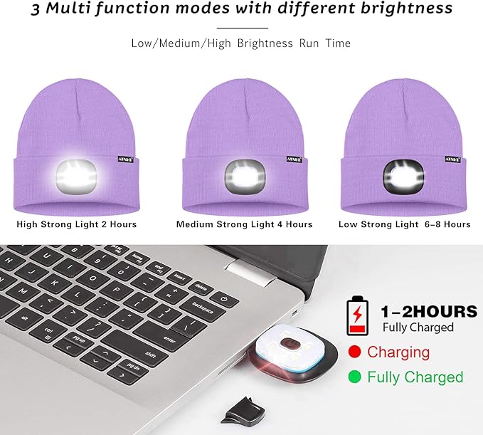 ATNKE LED Lighted Beanie Hat,USB Rechargeable 4 LED Running Headlamp Bright Cap with The Light Gifts for Men and Women
