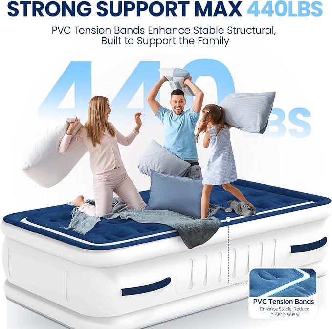 KINGJERRY Twin Air Mattress with Built in Pump and 4 Portable Handles, 18" Raised Comfort Blow Up Mattress for Guests, 440lb Support Air Bed with Carry Bags, Heavy Duty Inflatable Bed for Home&Camping