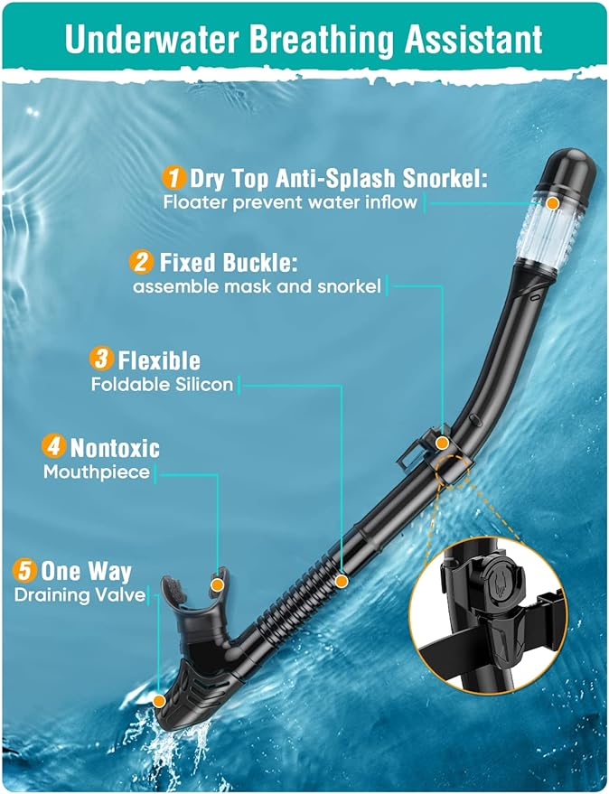 Snorkel Set Adults Snorkeling Gear Anti-Fog Panoramic View Swim Mask Dry Top Snorkel Kit with Carry Bag for Snorkeling Scuba Diving Swimming Travel