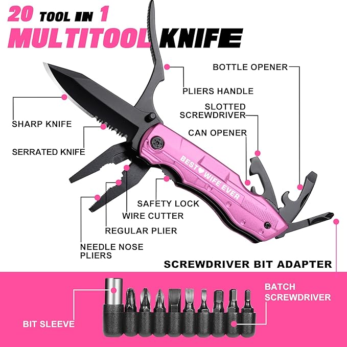 Wife Gifts ldeas, BEST WIFE EVER P-ink Multitool Knife, Wife Christmas Gifts from Husband, Wife Stocking Stuffers, Birthday Gifts for Wife, Valentines Day Anniversary