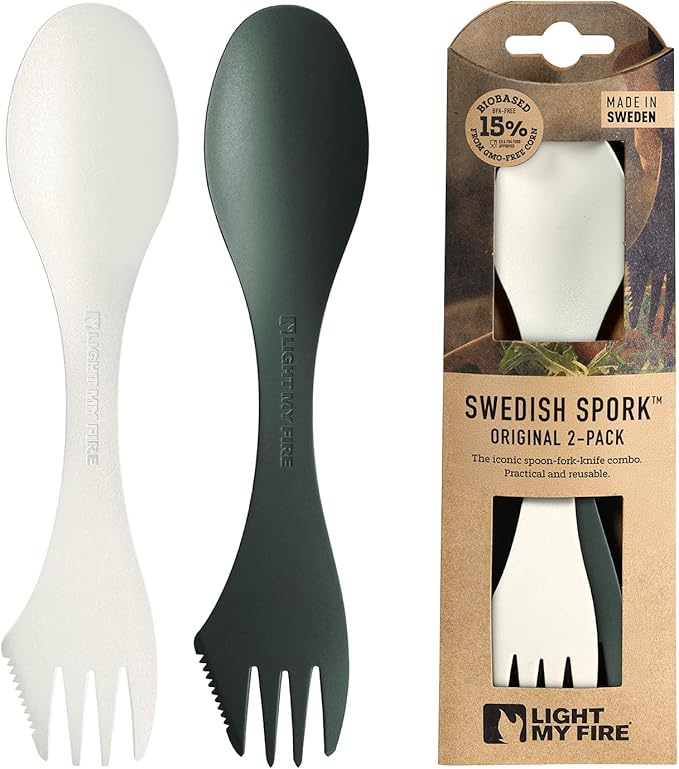 Light My Fire Spork Original 2-Pack 3-in-1 Camping Spoon Fork Knife Combo Reusable Travel & Camping Utensils Lunch Spork Outdoor Backpacking Hiking Picnic Utensil BPA Free, SageGreen/Cream