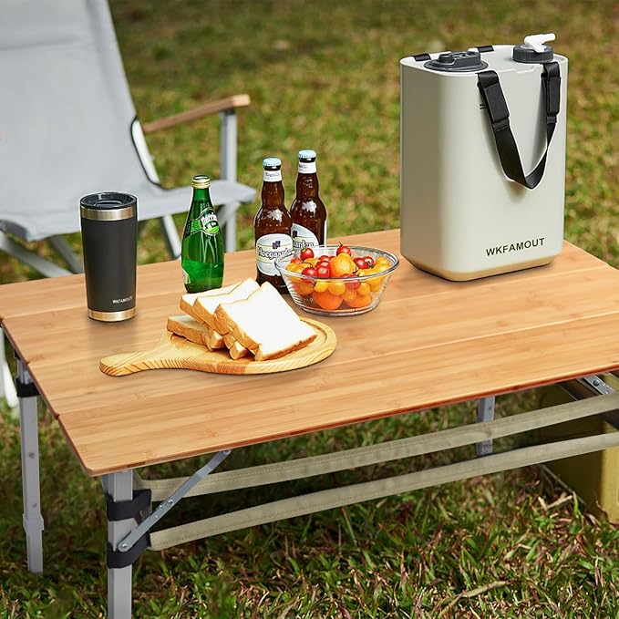 Bamboo Folding Camping Table 4 Folds with Adjustable Aluminum Legs Portable Picnic Table with Storage and Carry Bag for Outdoor Hiking Beach 3-5 Person