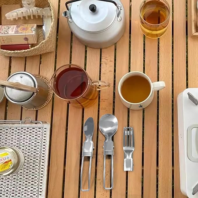 Camp Flatware Sets - Stainless Steel Spoon Fork Knife & Nylon Storage Bag - Foldable + Locking Handle - Ultralight Utensils for Backpacking/Hiking/Camping - 3oz